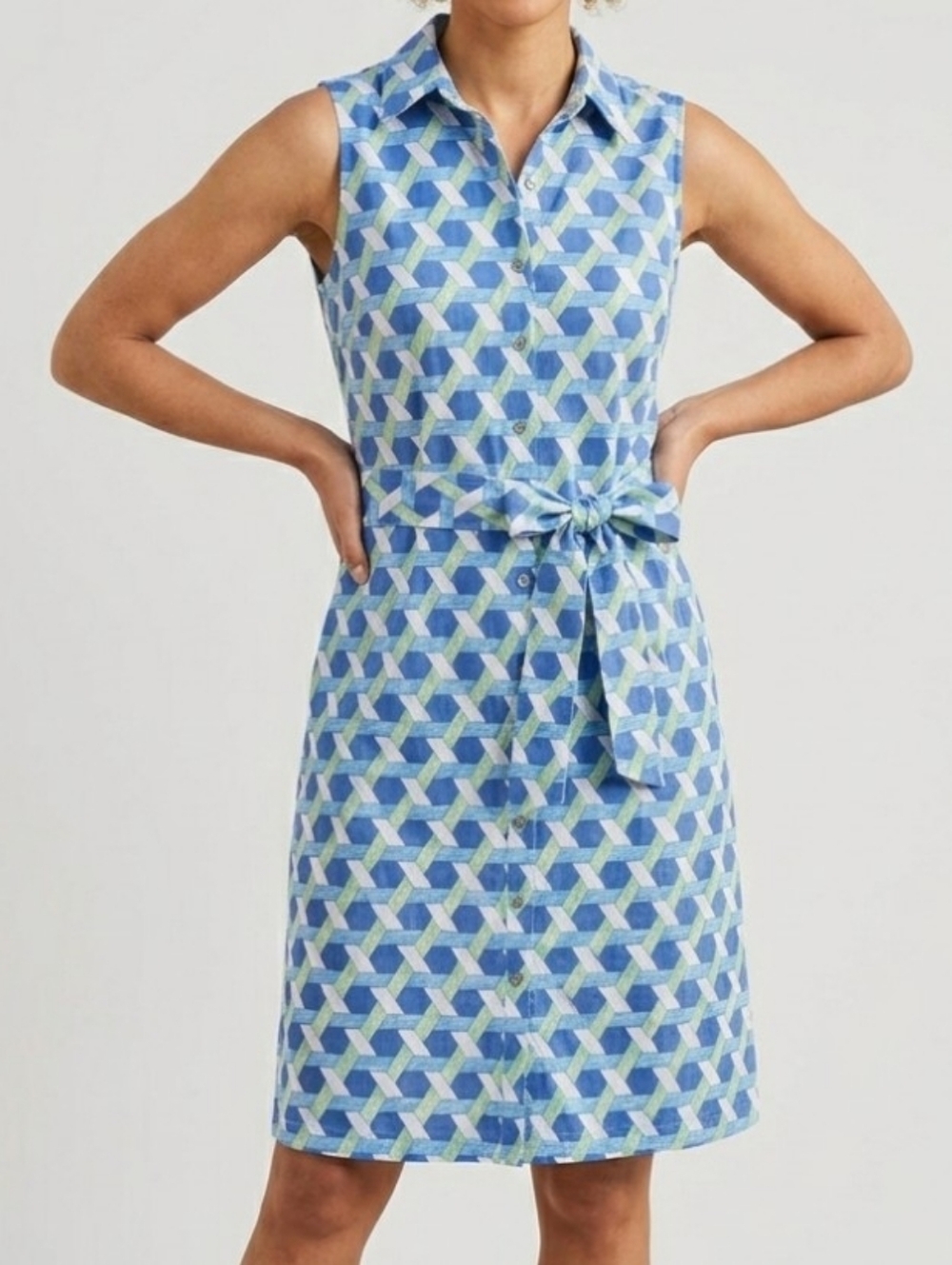 NWT J. MCLAUGHLIN Dolly Dress Belted Catalina Cloth Blue/Green Geo Print Sz XS